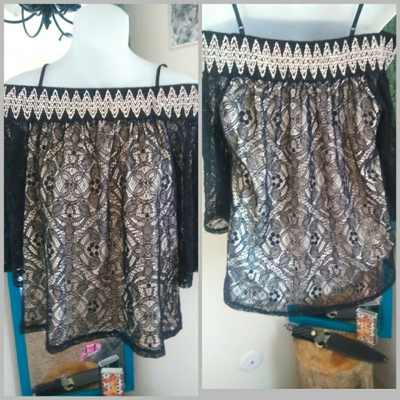 Lacy blouse with nude base, off the shoulder. - Picture 1 of 1
